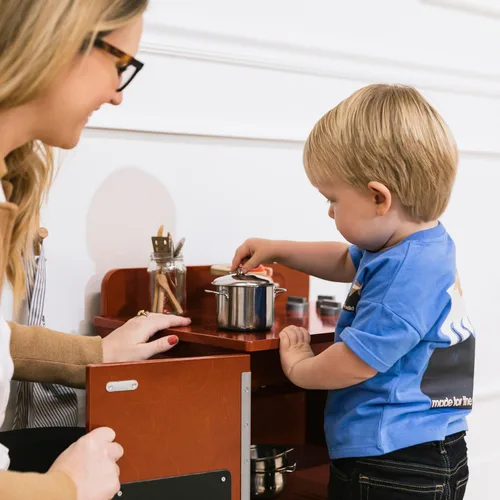 Vista 10 de ECR4Kids Estufa de Cocina de Juguete, Set de Juego de Madera, Nogal Oscuro