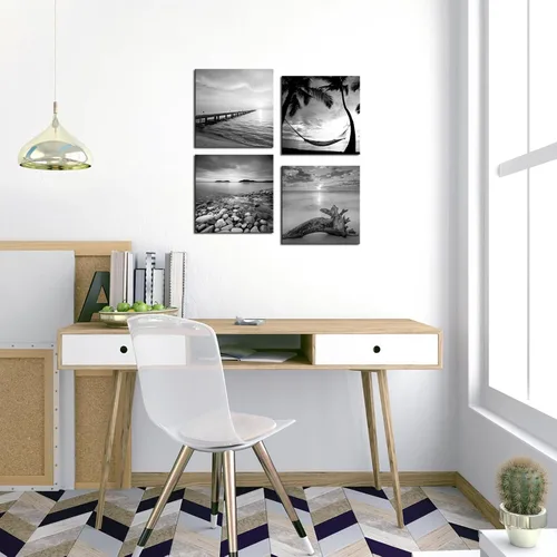 Vista 5 de sechars - Arte de pared de playa en blanco y negro, pintura de paisaje marino, paisaje de amanecer, imagen giclée, lienzo enmarcado para sala