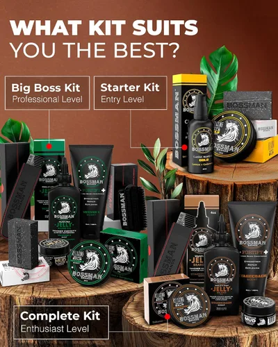 Vista 7 de Bossman Essentials Kit de barba para hombres, juego de 3, gelatina de aceite para barba, crema acondicionador fortificante, bálsamo para barba