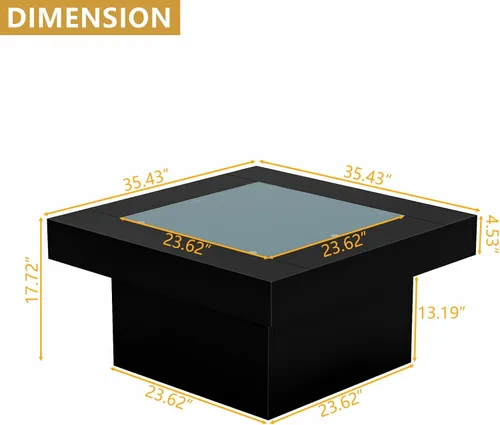 Vista 2 de Mesa de centro cuadrada con luces LED, mesas de centro de 35.4 pulgadas para sala de estar, mesa de centro de cristal templado, mesa central moderna