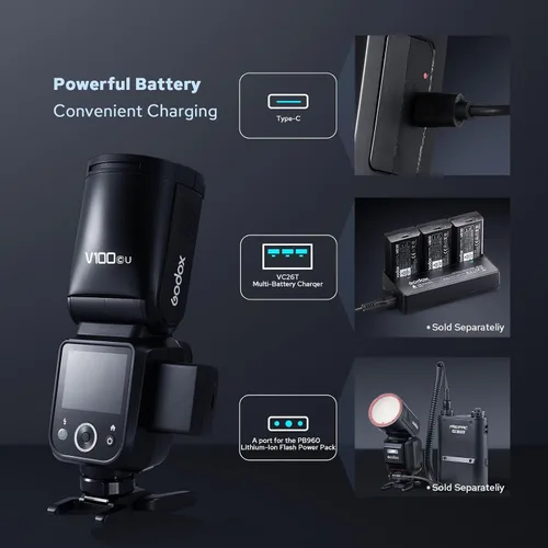 Vista 6 de Godox V100 V100-C Versión USA Flash para Canon, Speedlite de Pantalla Táctil 100Ws, Flash Auxiliar Desmontable, Batería de Carga USB-C, 2.4G