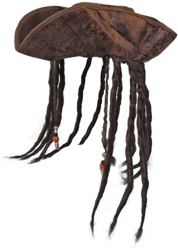 Vista 2 de Sombrero de tricornio pirata marrón envejecido con rastas de cuentas Pkg1