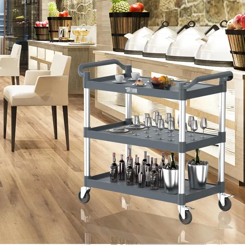 Vista 16 de TUFFIOM Carrito de servicio de plástico de 3 niveles con ruedas, resistente capacidad de 390 libras, rodante comercial, ideal para restaurantes