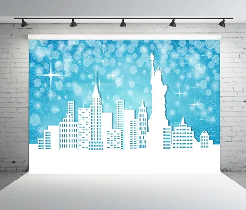 Vista 4 de BELECO Telón de fondo de tela de 5 x 3 pies con diseño de Feliz Navidad en Nueva York, escena de nieve, puntos con purpurina azul, estrellas