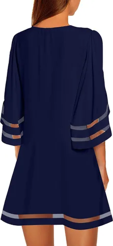 Vista 2 de LookbookStore - Vestido estilo túnica holgado con mangas 34 acampanadas con panel de malla, cuello redondo, para mujer