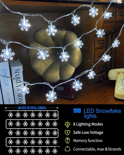 Vista 4 de 100 luces LED de copo de nieve, luces de cadena de hadas de copo de nieve de 32 pies, 8 modos con enchufe, luces de cadena de Navidad, luz