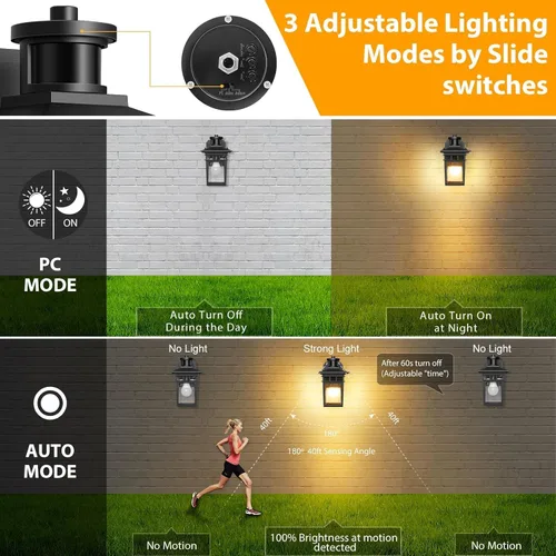 Vista 4 de Luces de Porche Exteriores con Sensor de Movimiento con Toma GFCI, 3 Modos de Luminaria Exterior del Anochecer al Amanecer, Luminaria de Iluminación