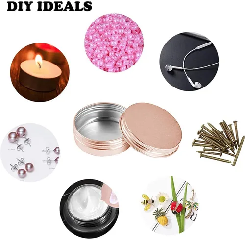 Vista 5 de Tarro de aluminio de 1 oz con tapa de rosca, contenedor recargable para cosméticos, bálsamo labial, crema, oro rosa, 12 unidades. Envases de latas