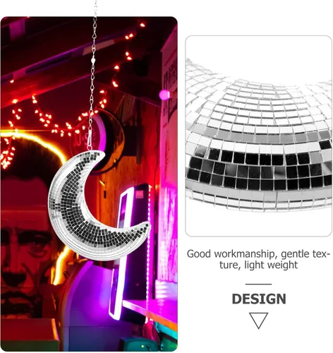 Vista 6 de DOITOOL Bola de discoteca, difusor de bola de discoteca colgante en forma de luna con cadena de 20 pulgadas para fiesta de discoteca, adornos