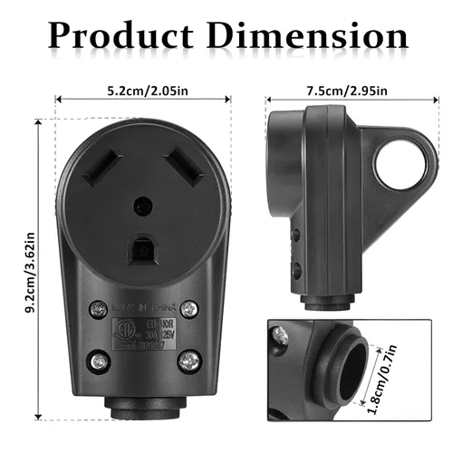 Vista 2 de Enchufe hembra de repuesto de 30 amperios ED-310R resistente 125V 30A con mango de agarre ergonómico, enchufe de 30 amperios para caravana negro