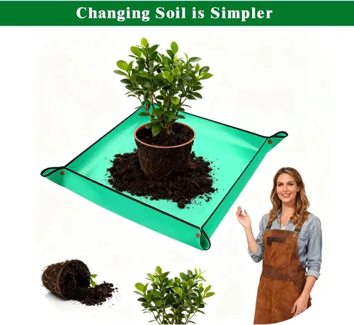 Vista 6 de Paquete de 3 tapetes de trasplante, 26.8 x 26.8 pulgadas, grueso de alta densidad, impermeable, bandeja de jardinería para trasplante de plantas