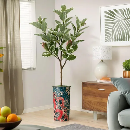 Vista 14 de Árbol artificial en macetero moderno con patrón de mandala, palmera tropical areca artificial de seda para decoración del hogar en interiores