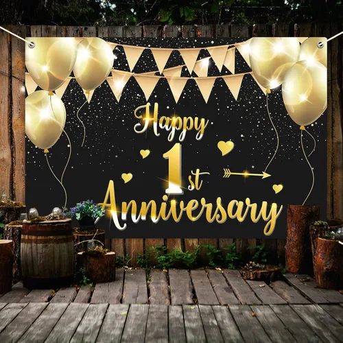 Vista 5 de HAMIGAR Fondo de pancarta de feliz primer aniversario de 6 x 4 pies, 1 decoración de aniversario de boda, suministros para fiesta, color negro