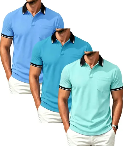 Vista 29 de GEEK LIGHTING Paquete de 3 camisas polo de manga corta con bolsillo para Negro Gris Armygreen
