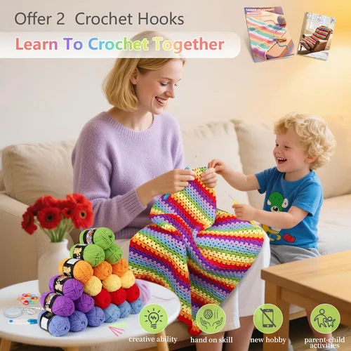 Vista 4 de Kit de manta de ganchillo Reessy para principiantes, kit de ganchillo fácil para principiantes adultos y niños con instrucciones paso a paso