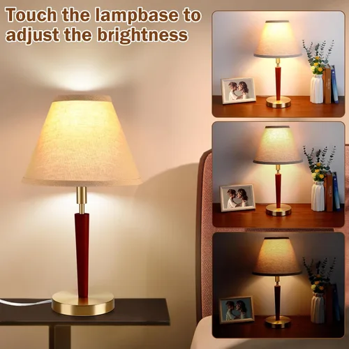 Vista 2 de Lámpara de mesa de madera moderna de mediados de siglo, control táctil y lámpara de noche regulable de 3 vías para dormitorio, sala de estar, mesita