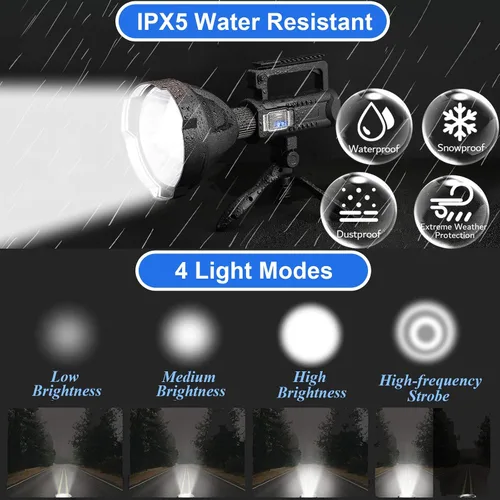 Vista 2 de Reflector Recargable para Exteriores, Linterna de Mano de 2,000,000L, Luz de Reflector LED Súper Brillante de Alto Lúmenes con Trípode Ajustable, 4