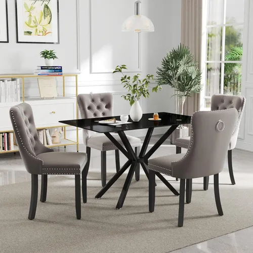 Vista 13 de Juego de comedor moderno de cristal de lujo de 5 piezas, juego de comedor rectangular minimalista para 4, juego de mesa de cocina de vidrio