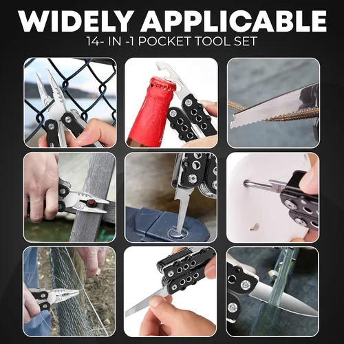 Vista 6 de Alicates multiherramienta 14 en 1 de acero inoxidable, grandes accesorios de camping, regalos de múltiples herramientas para hombres con soporte