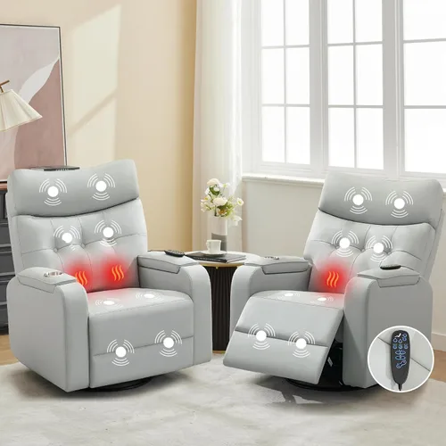 Vista 10 de Rocker - Silla reclinable para cuarto de bebé, mecedora giratoria con calor y masaje, para sala de estar, color gris claro Cuero Gris Claro