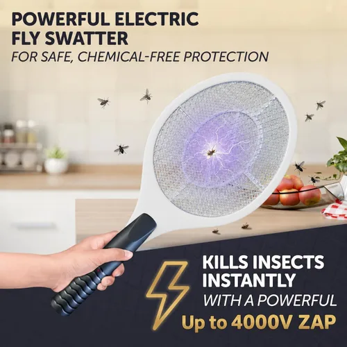 Vista 3 de Raqueta matamoscas eléctrico para mosquitos, moscas e insectos voladores, matamoscas de mano de 18 pulgadas para uso en interiores y exteriores, 2