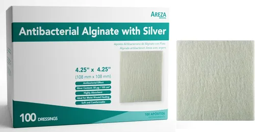 Vista 8 de Areza Silver - Almohadillas antibacterianas de alginato de calcio para heridas, estériles, antiadherentes, altamente absorbentes; para drenaje