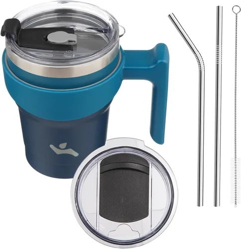 Vista 15 de Konokyo - Vaso de 10 onzas con asa y 2 popotes, 2 tapas, botella de agua aislada de acero inoxidable, taza de viaje reutilizable, color verde militar