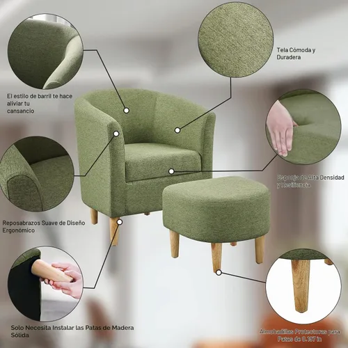Vista 5 de DAZONE Silla Moderna de Mediados de Siglo, Silla de Acento Tipo Barril con Otomana, Juego Cómodo de Sillón con Reposapiés, Sillas Cómodas para Sala