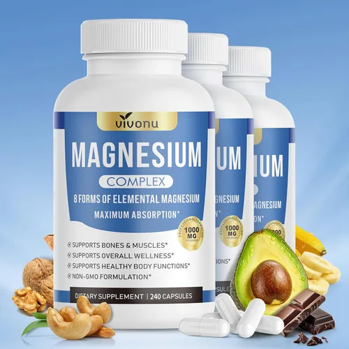 Vista 12 de Cápsulas complejas de magnesio de 1000 mg, glicinato de magnesio 8 en 1, citrato, malato, taurato, óxido, carbonato, aspartato, orrotato - 240