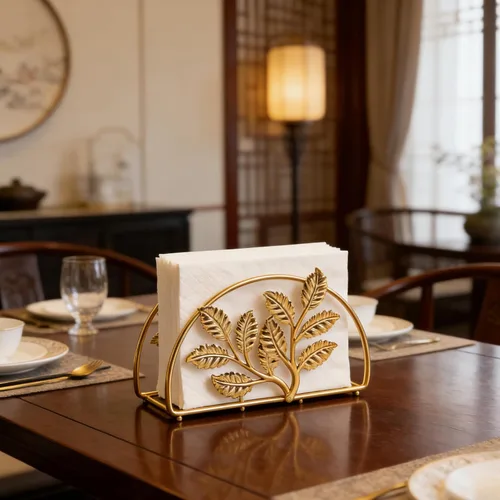 Vista 9 de Servilletero de metal dorado con diseño de hojas, soporte dispensador de pañuelos compacto para cocina, mesa de comedor, restaurante y uso en fiestas