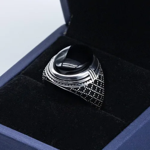 Vista 4 de SKOOMEN Anillo de plata de ónix negro para hombre, anillo ovalado grande con caja de joyería, joyería fina para hombre con piedras preciosas