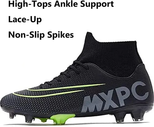 Vista 3 de Botines de fútbol para hombre, zapatos de fútbol de caña alta, con cordones, antideslizantes, botas profesionales de césped firme para exteriores
