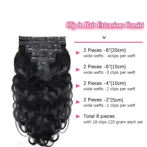 Vista 3 de Extensiones de cabello ondulado con clip, 8 piezas con 20 clips, 3.53 oz, 100 % sin procesar, extensiones de cabello humano Remy con clip, 18