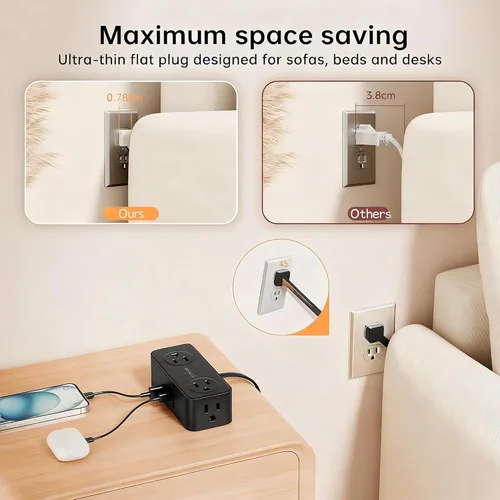 Vista 5 de SMALLRT - Regleta de alimentación con USB, cable de extensión plano de 2 piezas con múltiples tomas, barra de alimentación de enchufe plano de 3.3