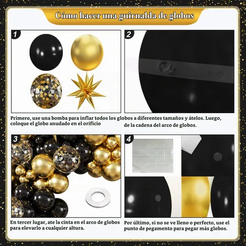 Vista 5 de Kit de Arco de Guirnalda de Globos Negros y Dorados, 140 Piezas de Globos de Confeti Negros y Dorados con Estrellas para Cumpleaños, Graduación, Año