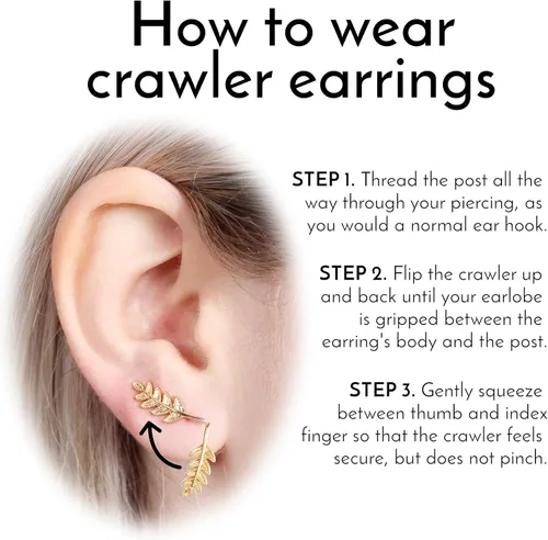 Vista 4 de RIAH FASHION Aretes brillantes con diamantes de imitación para oruga Delicado cristal cúbico para lóbulo de la oreja pétalo floral rama de hojas