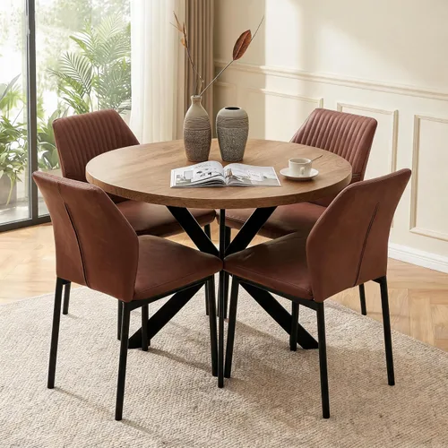 Vista 34 de Juego de 2 sillas de comedor de piel sintética marrón, cómodas sillas de cocina tapizadas sin brazos con patas de metal negro para sala de estar