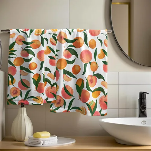 Vista 6 de Giwawa Juego de 2 toallas de mano de color naranja melocotón, toalla de cara con diseño de frutas, bonito diseño brillante y colorido, toalla facial