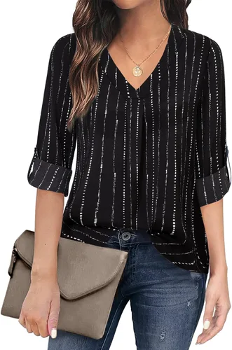 Vista 24 de Youtalia Blusas para mujer, elegantes, informales, de negocios, manga 3/4, de gasa, cuello en V, camisas de trabajo y oficina