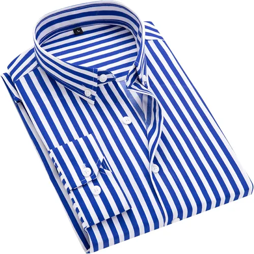 Vista 6 de Camisa de manga larga para hombre, ajuste regular, con botones, a rayas, estilo casual, de verano, de algodón, con cuello extendido