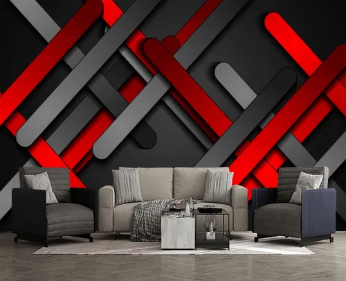 Vista 2 de Papel tapiz mural de pared 3D de metal rojo y negro para dormitorio, 137" x 100