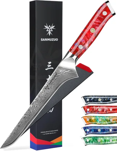 Vista 9 de Cuchillo de filete de 7 pulgadas, VG10 Damasco cuchillo para deshuesar peces con mango de resina - Serie Xuan (naranja fantasía)