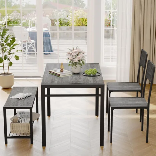 Vista 7 de JUMMICO Juego de mesa de comedor de 43.3 pulgadas para 4, mesa de cocina con banco y 2 sillas, moderno marco de metal rectangular, juego de muebles