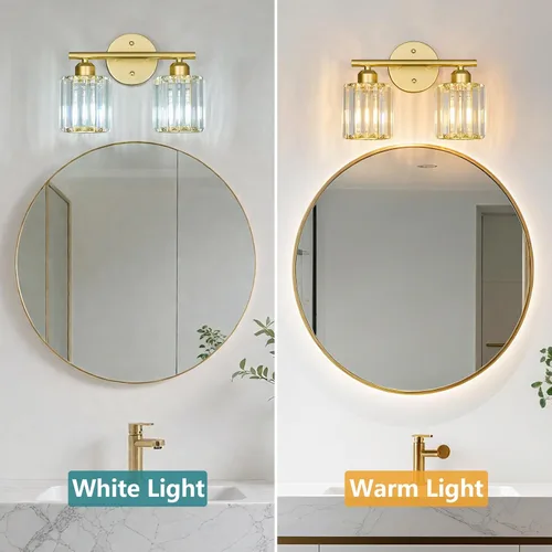 Vista 2 de Lámpara de tocador moderna de cristal de 2 luces, accesorio de luz vertical dorada para baño sobre espejo para mesa de tocador y fregadero