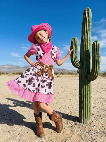 Vista 5 de Disfraz de vaquera para niñas, vestido de vaquera occidental de Halloween con sombrero de vaquero rosa
