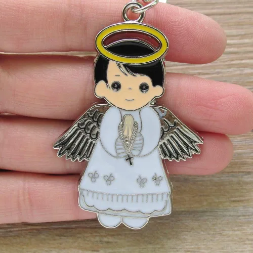 Vista 4 de Regalo personalizado de primera comunión (12 piezas) - Llavero de metal de niño ángel blanco, regalo de bautizo para invitados con grabado/bautismo
