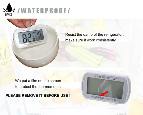 Vista 6 de AEVETE Termómetro digital impermeable para refrigerador con pantalla LCD grande, termómetro de sala de congelador con parte trasera magnética, sin