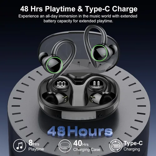 Vista 4 de Auriculares inalámbricos, Bluetooth 5.4 deportivos, auriculares con micrófono ENC con cancelación de ruido, 48 horas, auriculares inalámbricos
