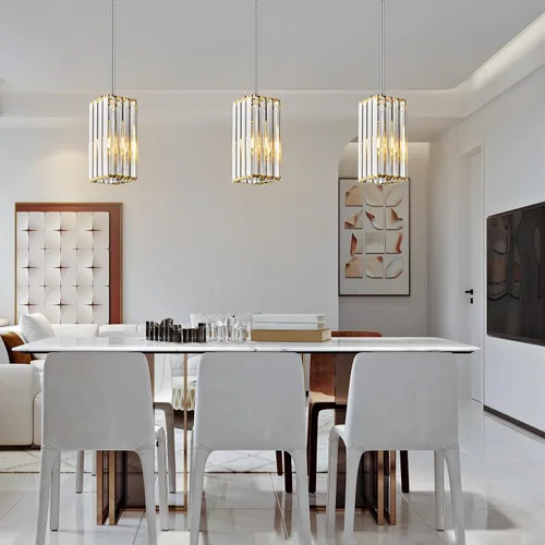 Vista 3 de Lámpara colgante moderna cromada rectangular de iluminación colgante mini candelabros de cristal, lámpara colgante ajustable para cocina, isla