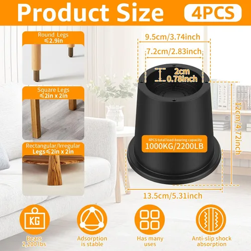 Vista 2 de Paquete de 4 elevadores de muebles de 4 pulgadas, elevadores de muebles resistentes para mesa, escritorio, sofá, gabinete, elevadores de cama